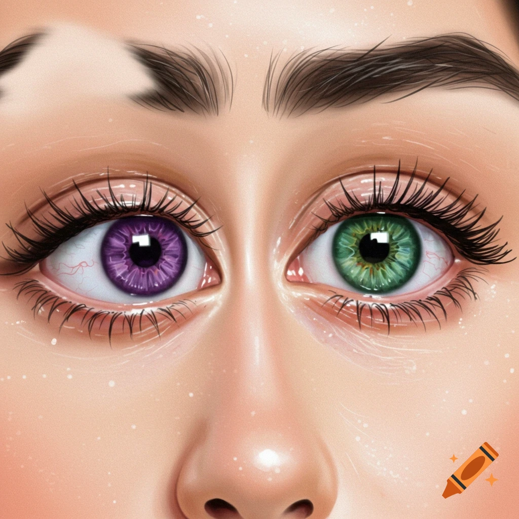 Close-up of a person's face with one purple eye and one green eye.