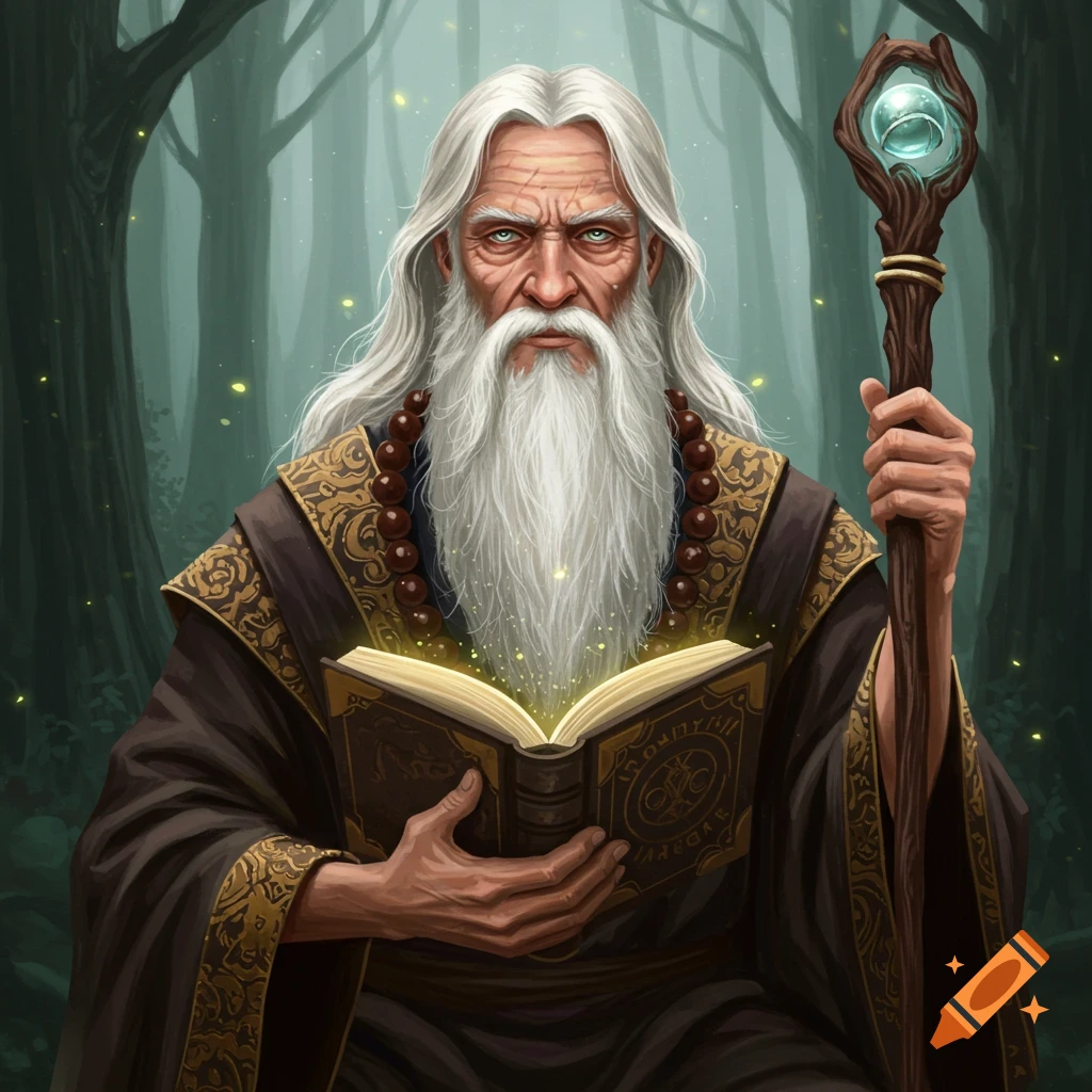 An old sage holds a glowing book and staff in a forest.