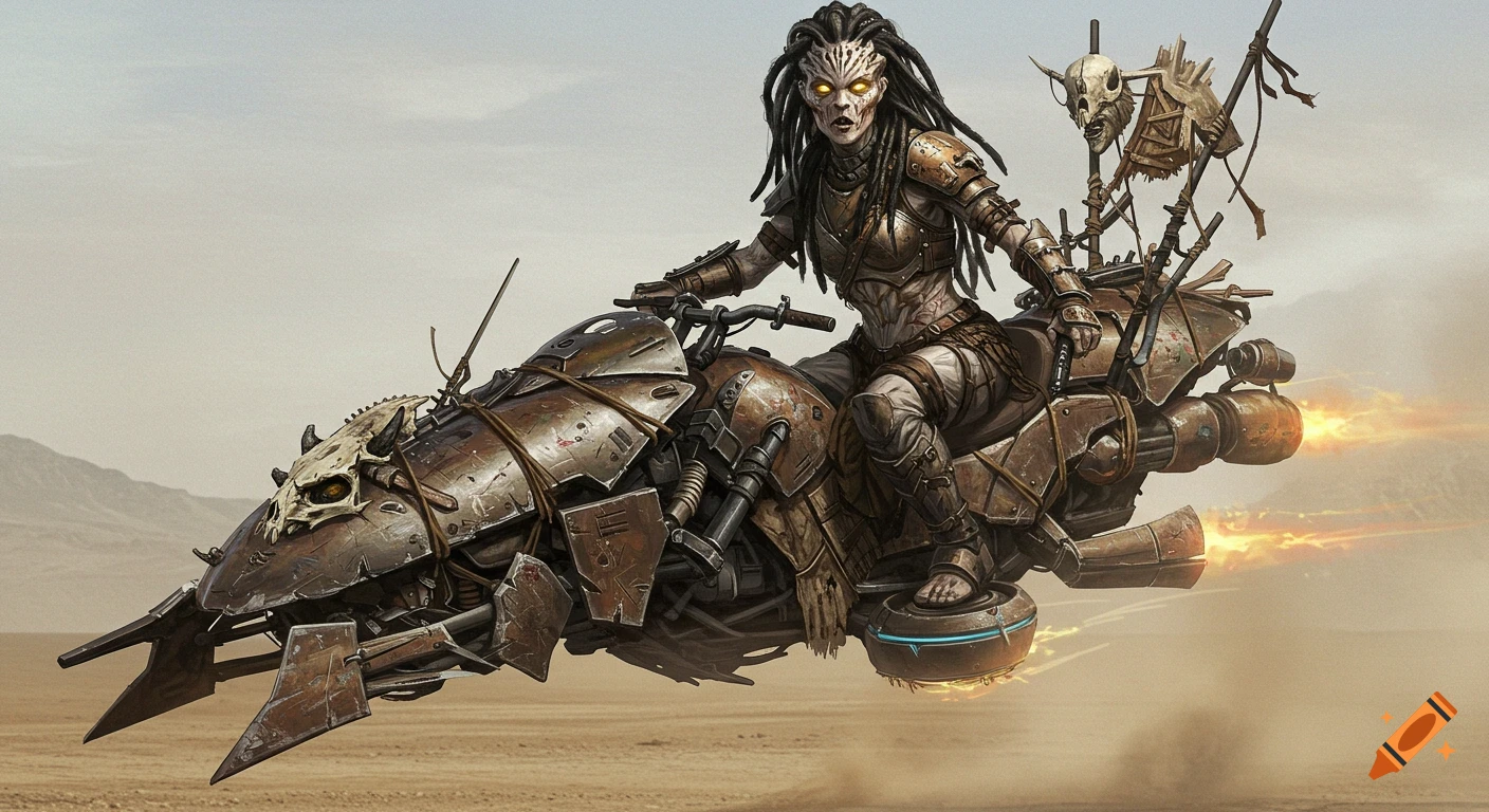 A fierce, grey-skinned creature rides a skull-adorned hoverbike through a dusty wasteland.