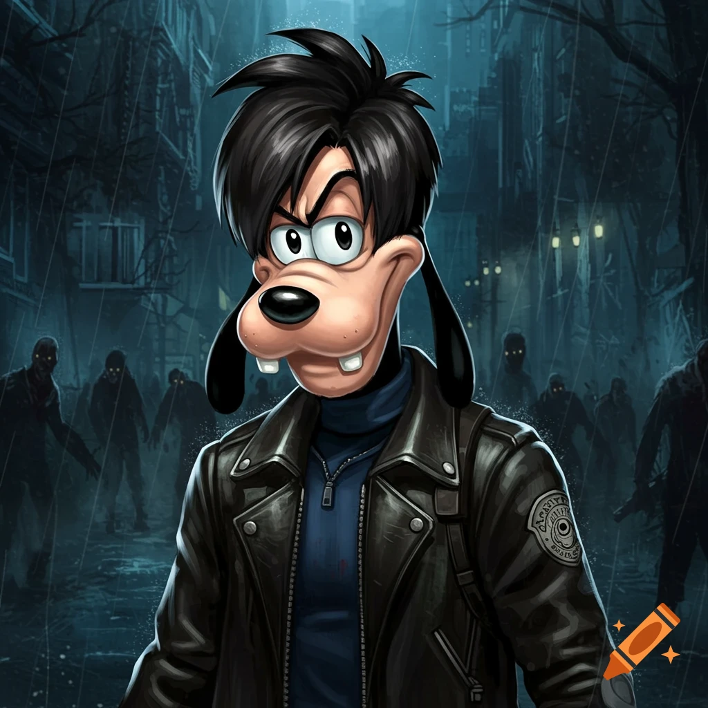 Max Goof dressed as Leon from Resident Evil in a rainy, zombie-infested street