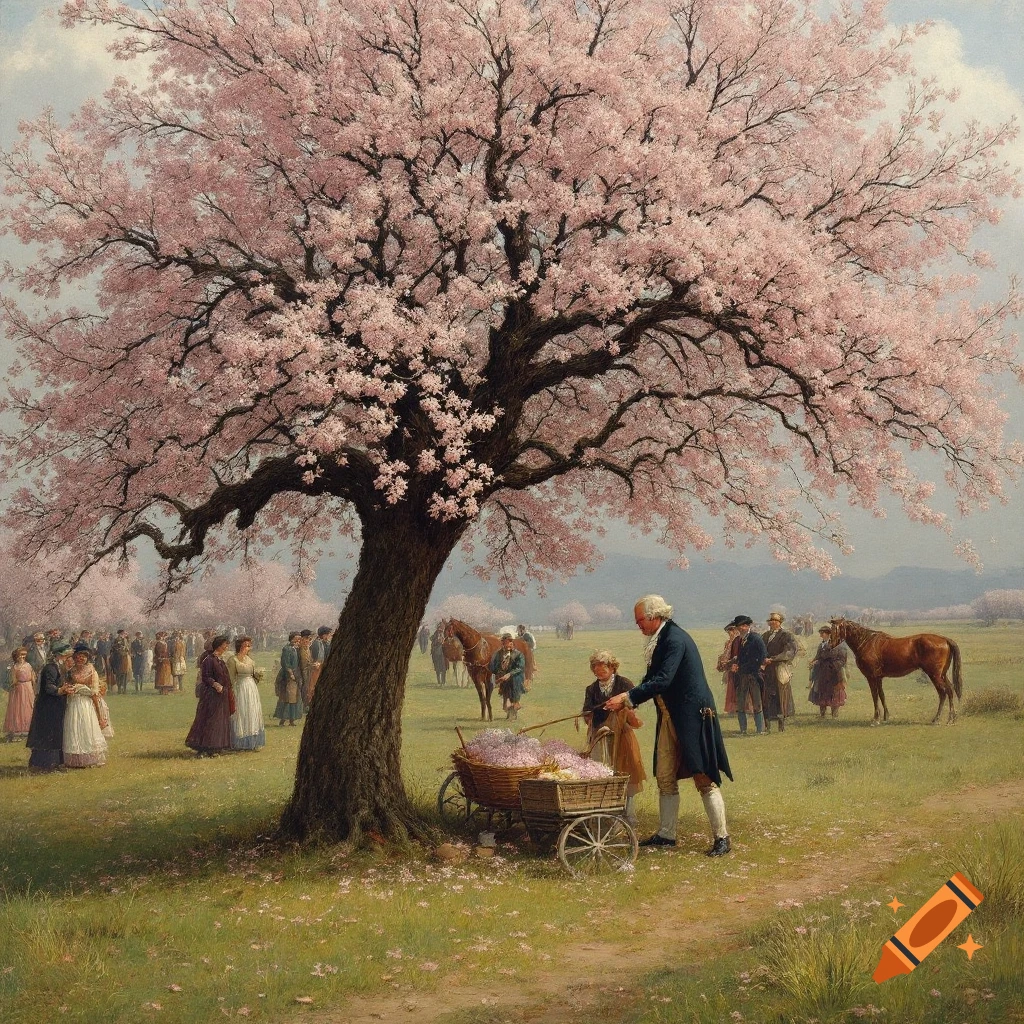 A painting shows a man in historical attire and a boy near a cart under a large blooming cherry tree, with a crowd in the background.