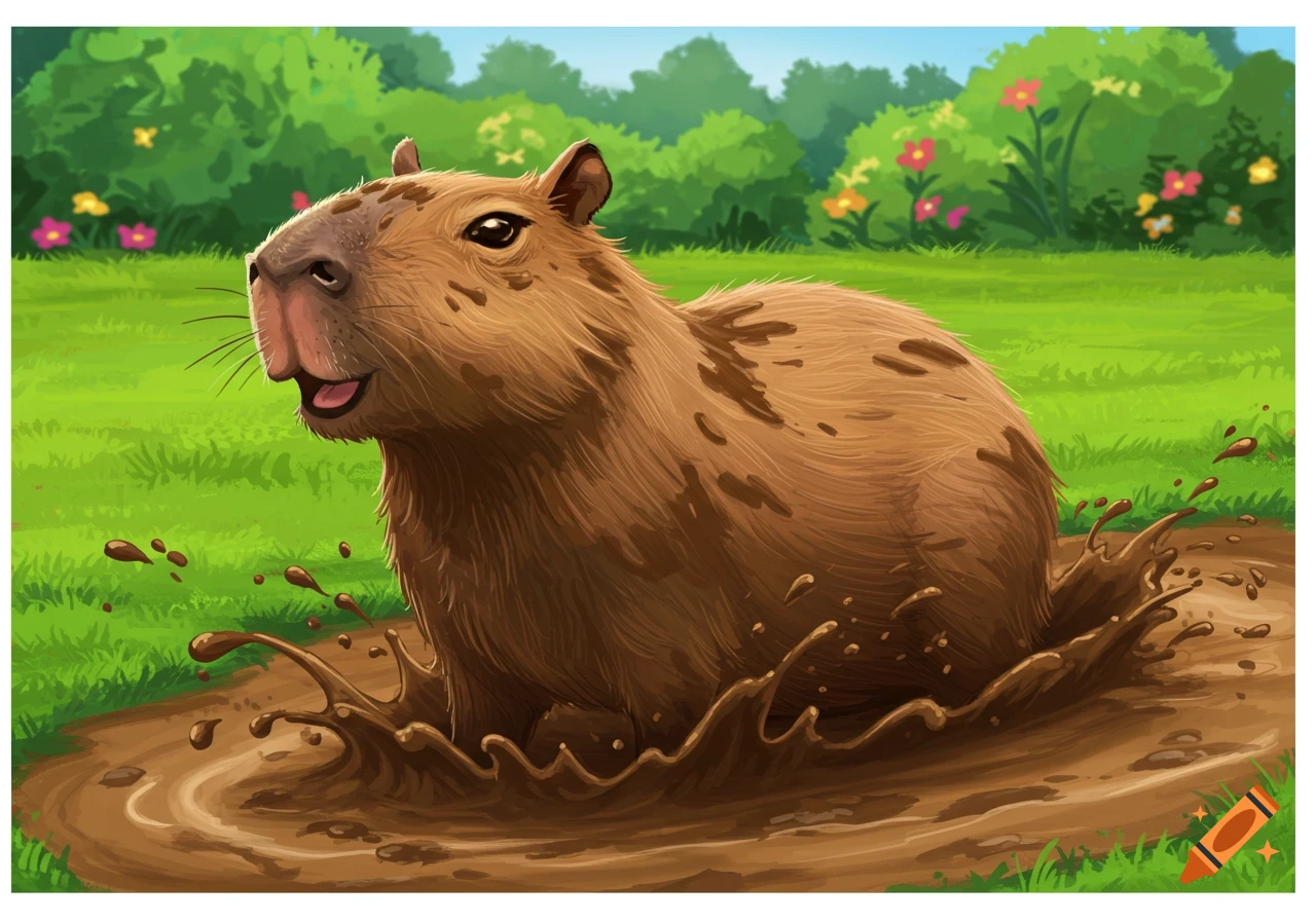A capybara splashing in a mud puddle
