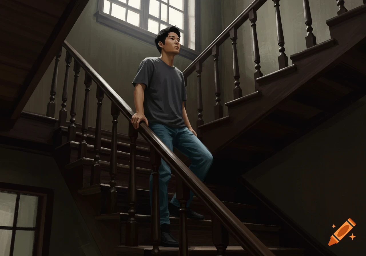 A young man is descending a steep wooden staircase.