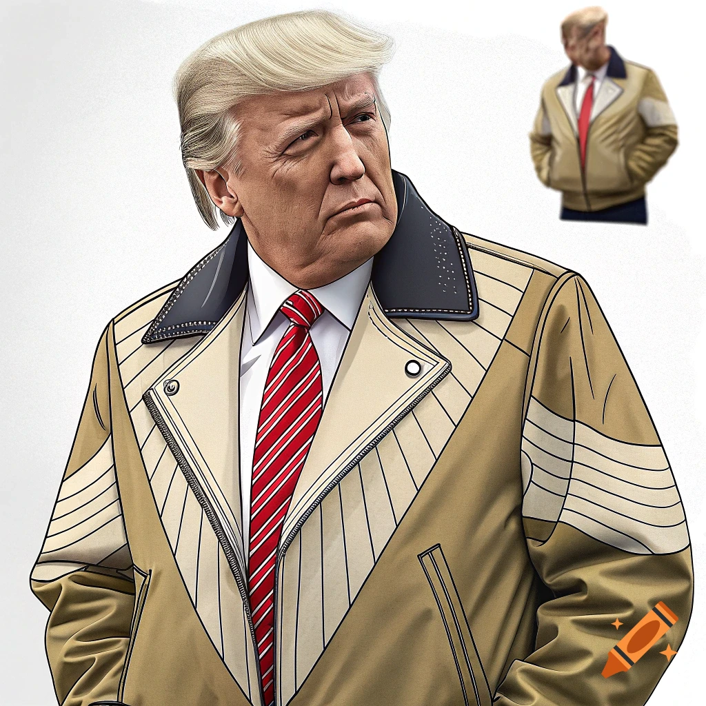 Stylized portrait of Donald Trump wearing a patterned jacket.