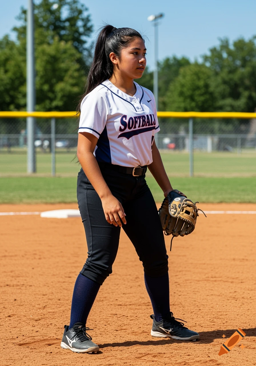 A young female softball player stands on the field in a white and navy jersey.