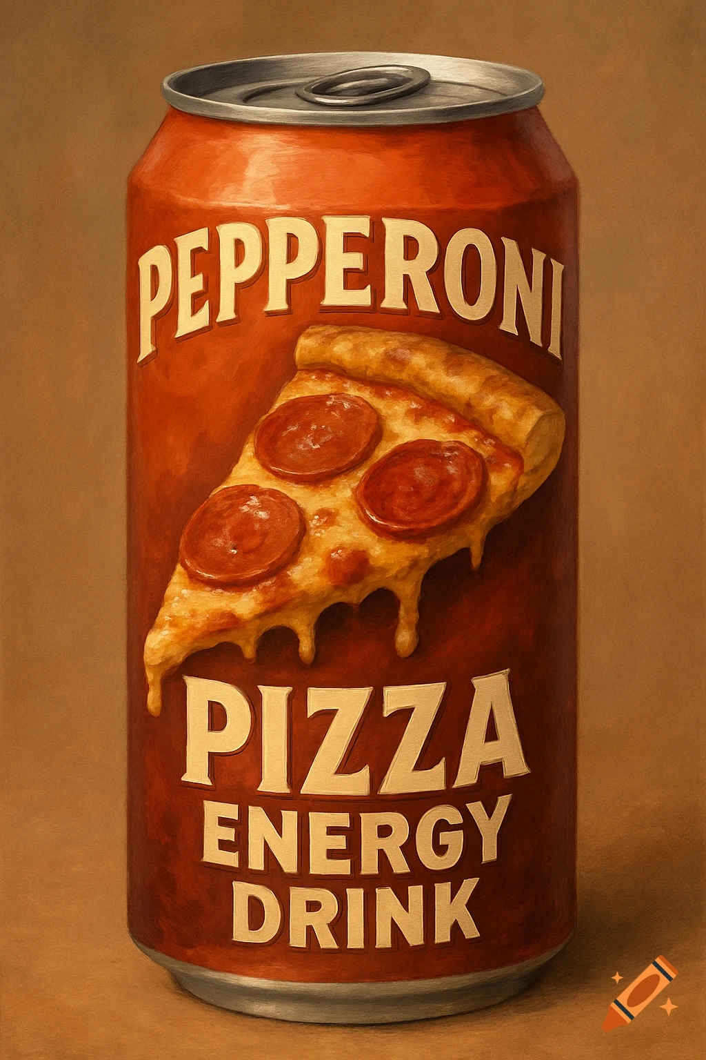 A red can is labeled 'Pepperoni Pizza Energy Drink' and has a slice of pepperoni pizza on it.