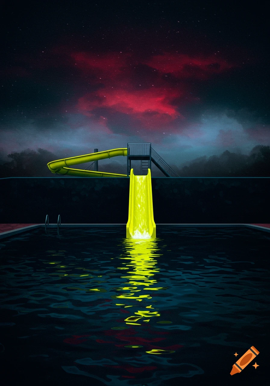 A bright yellow water slide leads into a dark swimming pool under a cloudy, star-filled night sky.