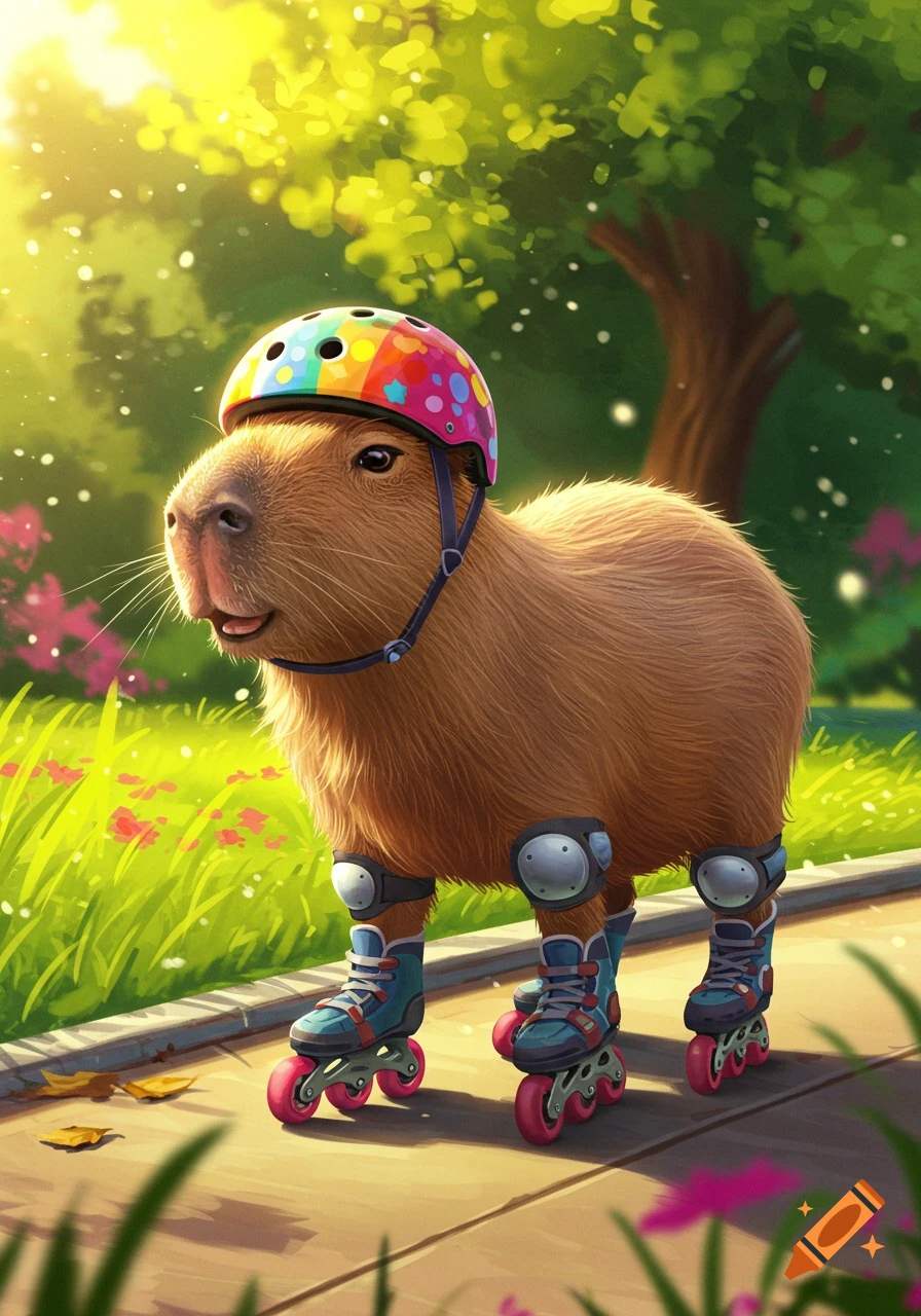 A capybara wearing a colorful helmet and roller skates on a sunny path.