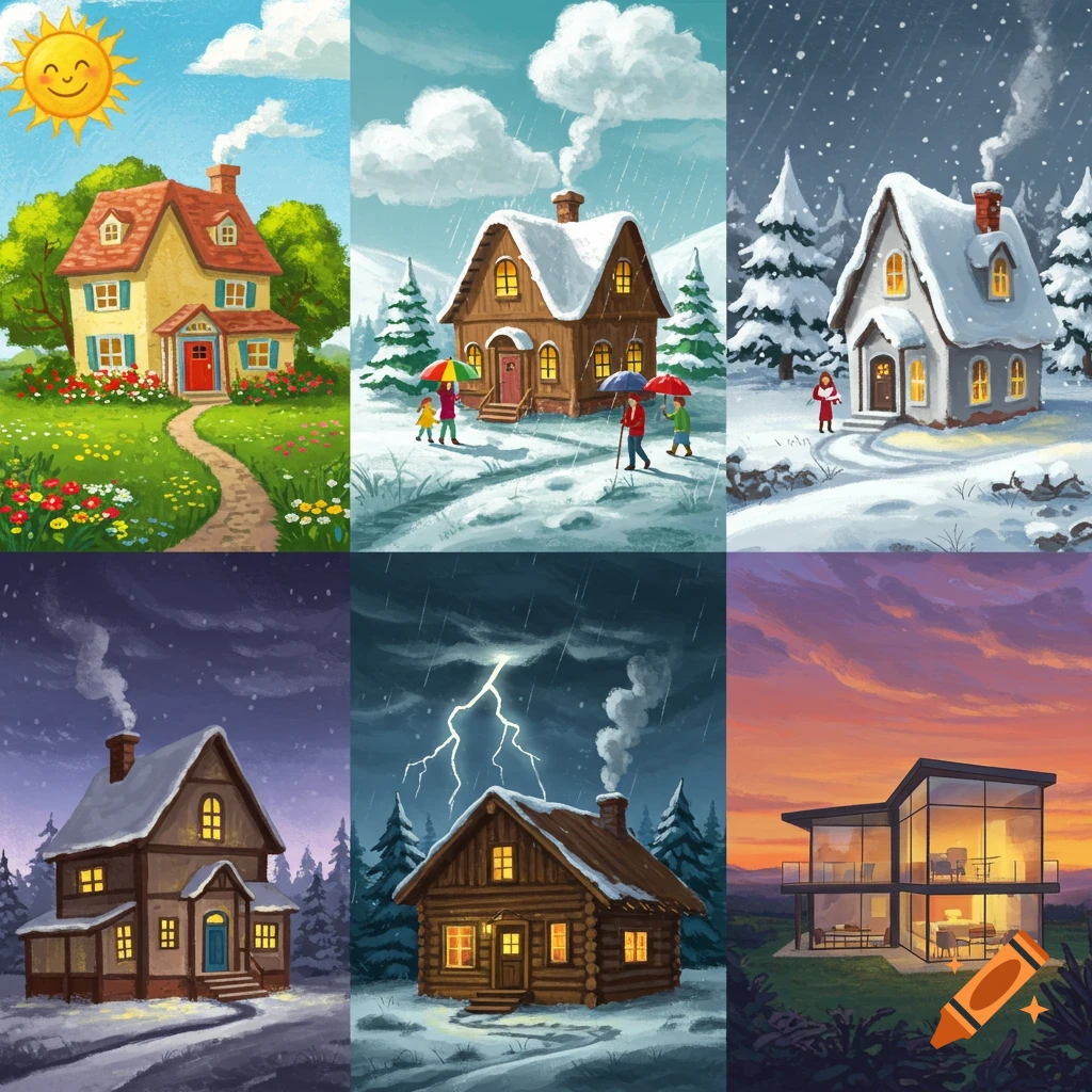 Six illustrated panels showing houses in different weather and seasons