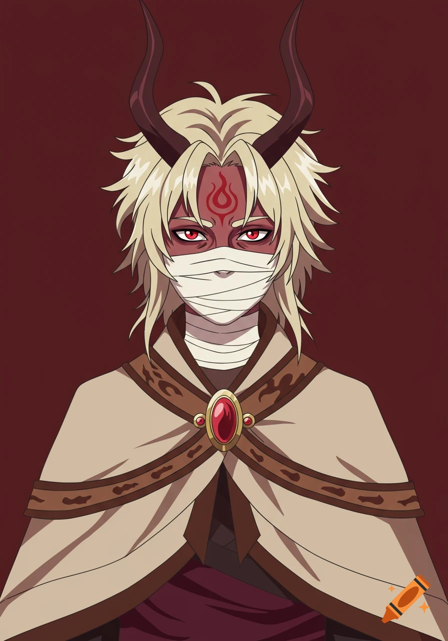 Anime portrait of a fantasy character with horns, bandaged face, red eyes, and cape.