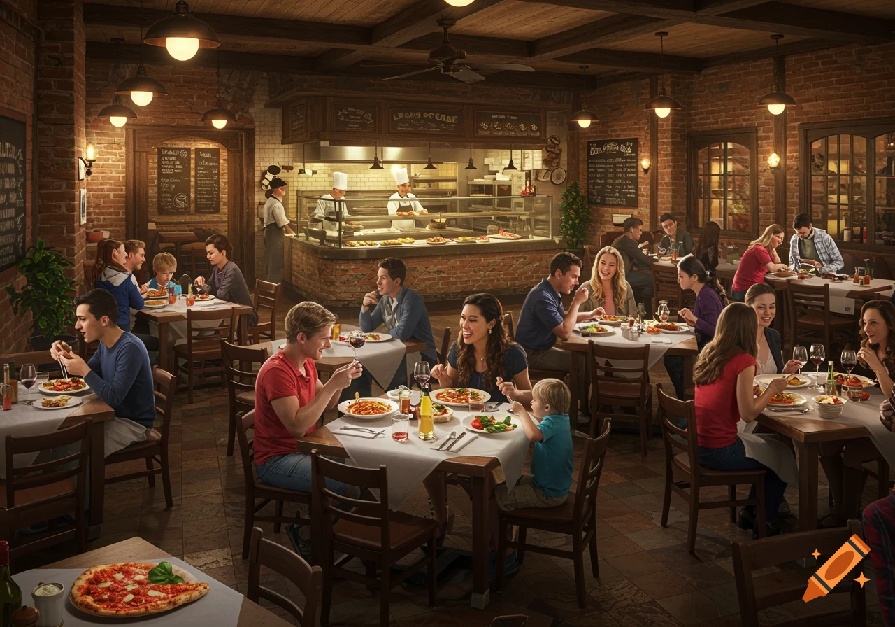 Photorealistic image of people dining in a warm, bustling Italian restaurant.