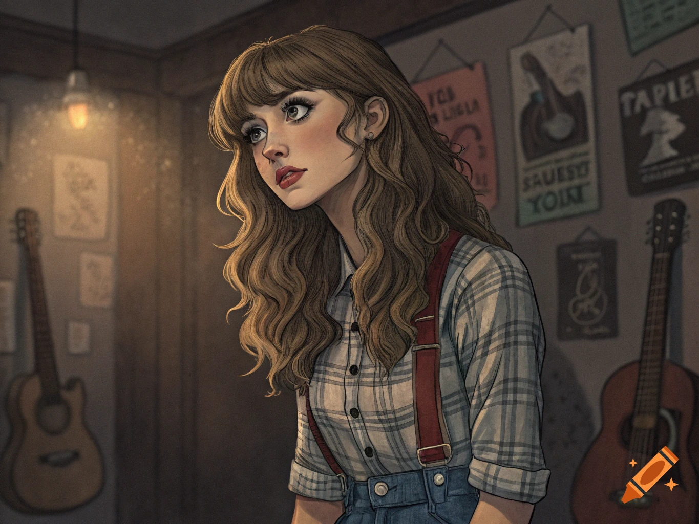 Illustration of a young woman in a plaid shirt with red suspenders, standing in a room with guitars and posters.