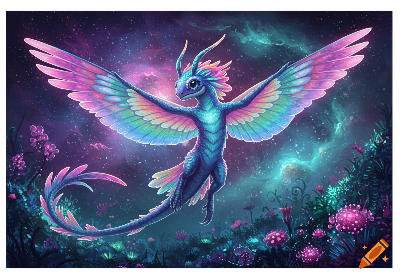 A vibrant blue and pink winged creature flies in a starry, alien landscape filled with glowing plants. Digital art.