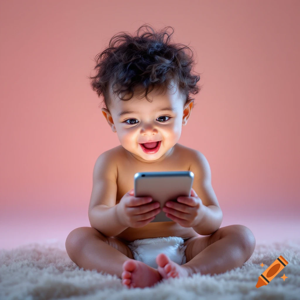 Baby boy in diaper on rug looks excitedly at a smartphone.