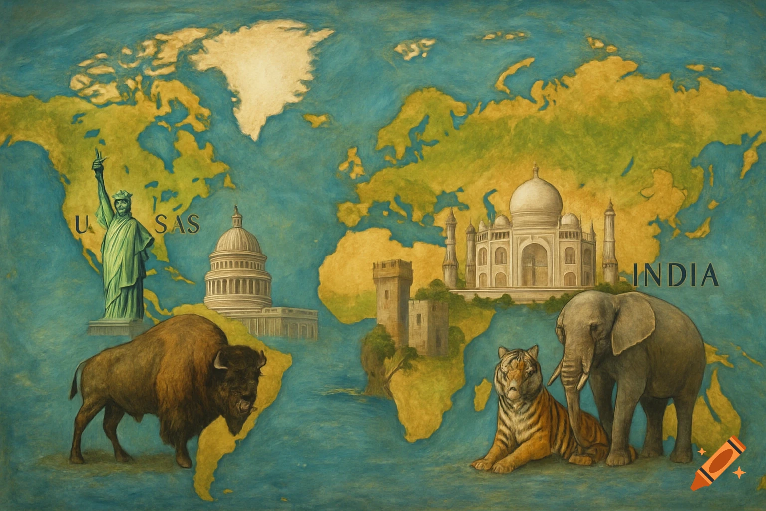 A world map featuring landmarks and animals from the United States and India.