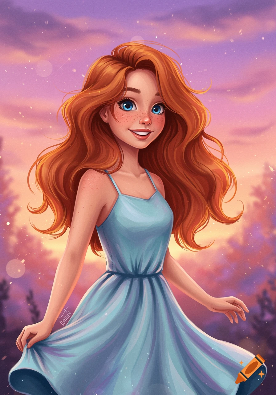 A smiling girl with red hair and freckles in a blue sundress against a dreamy sunset background.