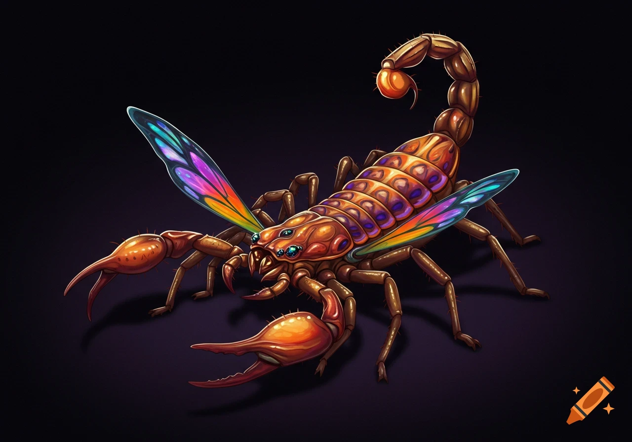 A creature mixed from a scorpion, spider, and butterfly, with colorful wings, on a dark background.