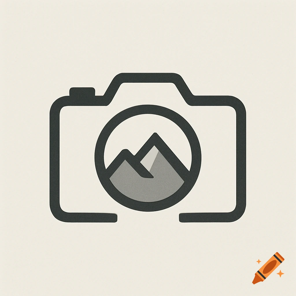 Minimalist logo of a camera with mountains inside the lens.