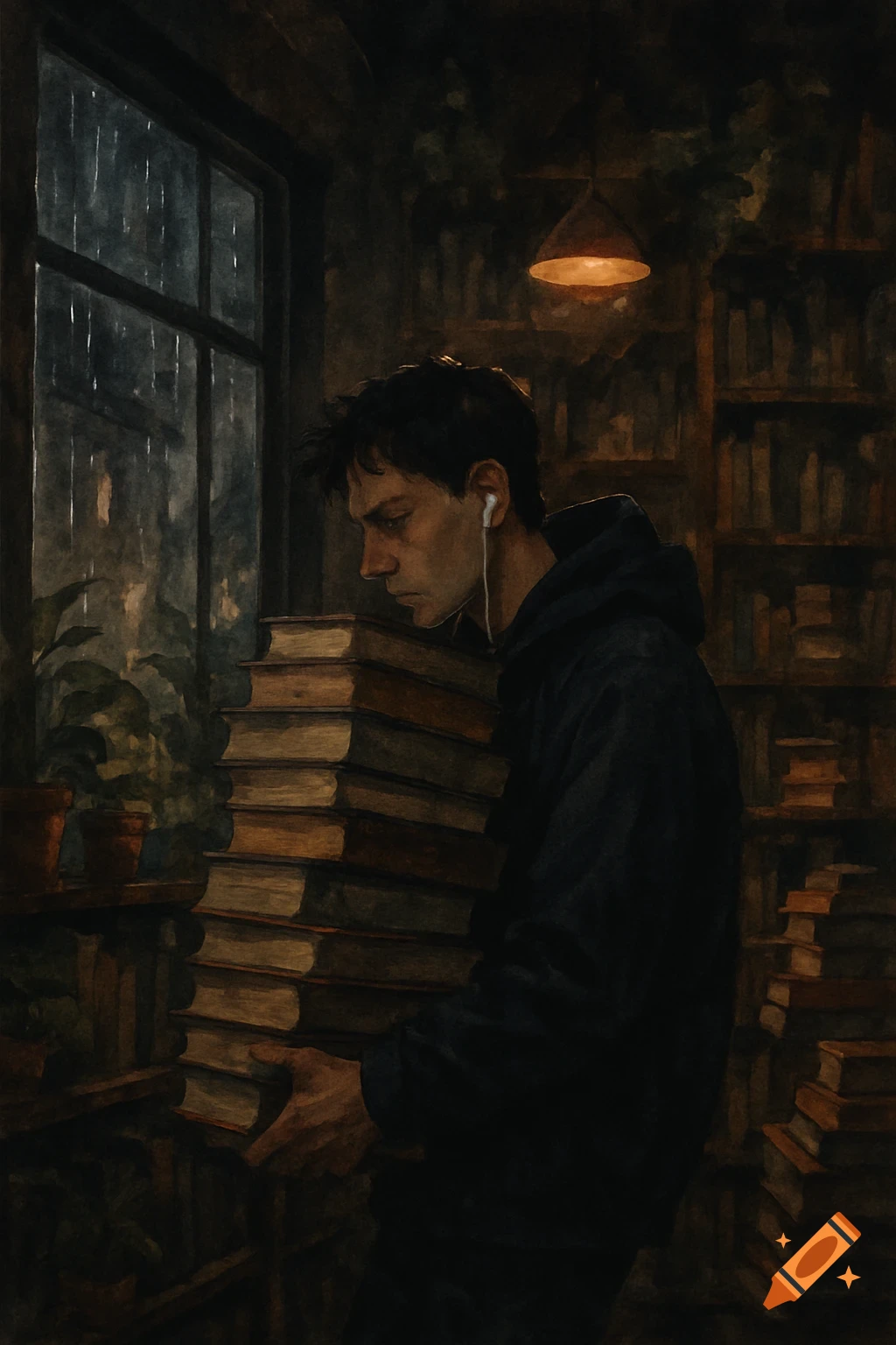 Watercolor painting of a boy holding a large stack of books in a dark library on a rainy day.