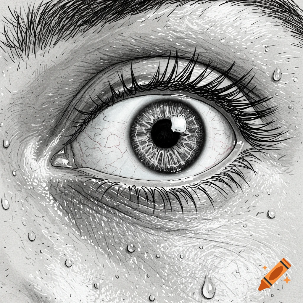 Close-up sketch of a human eye with sweat drops.