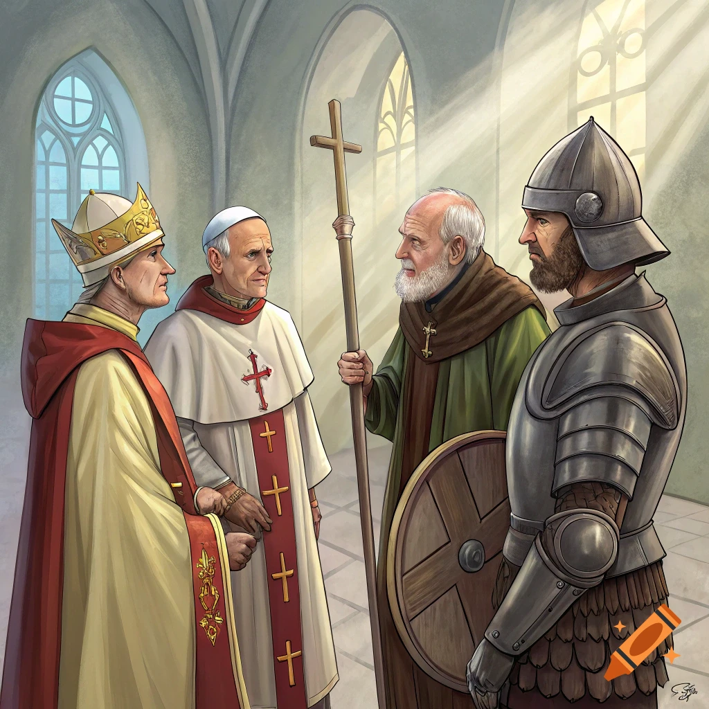 Illustration of two popes, a monk, and a knight talking in a sunlit church.