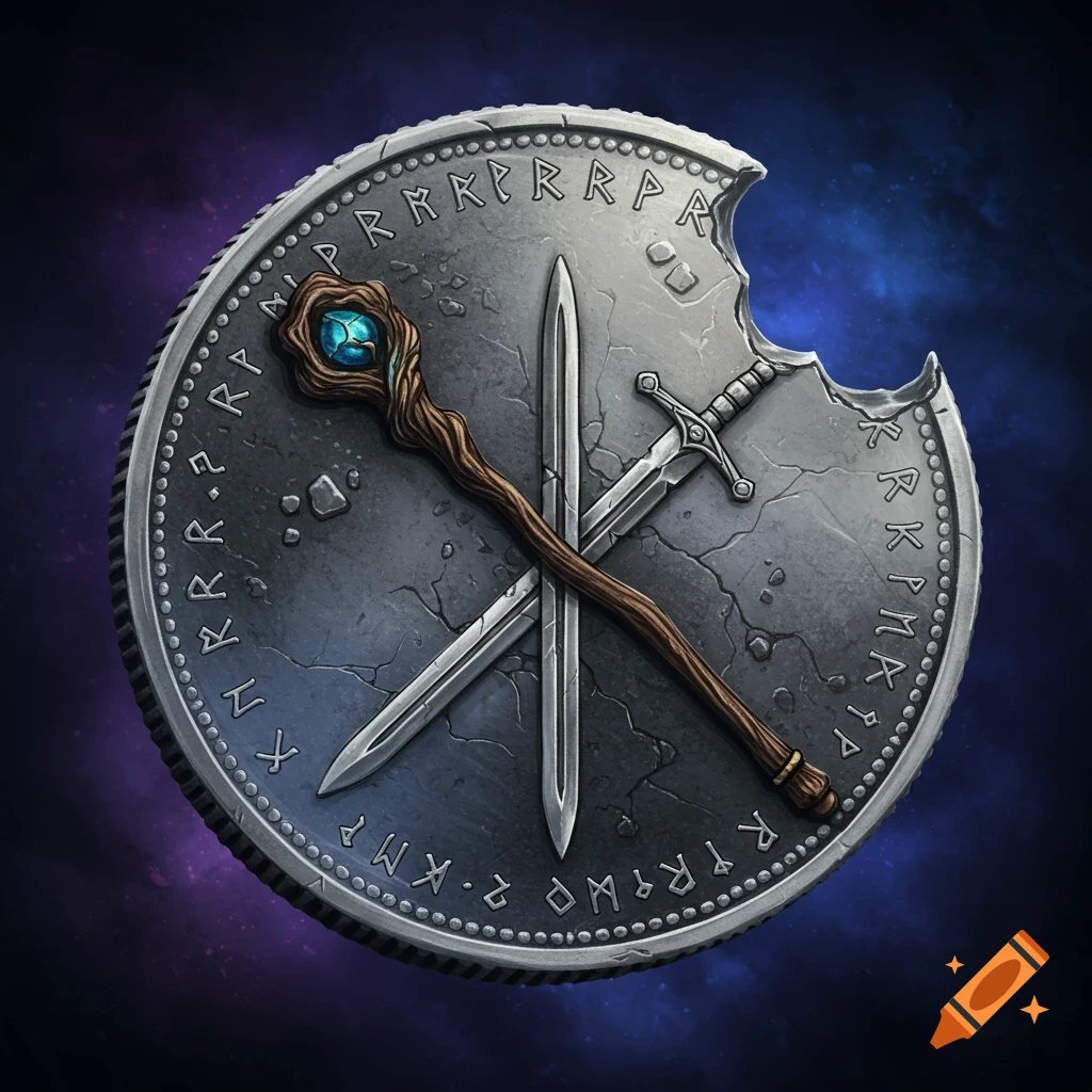 Silver coin with a bite mark, crossed sword and wizard staff, surrounded by runes on a dark background.