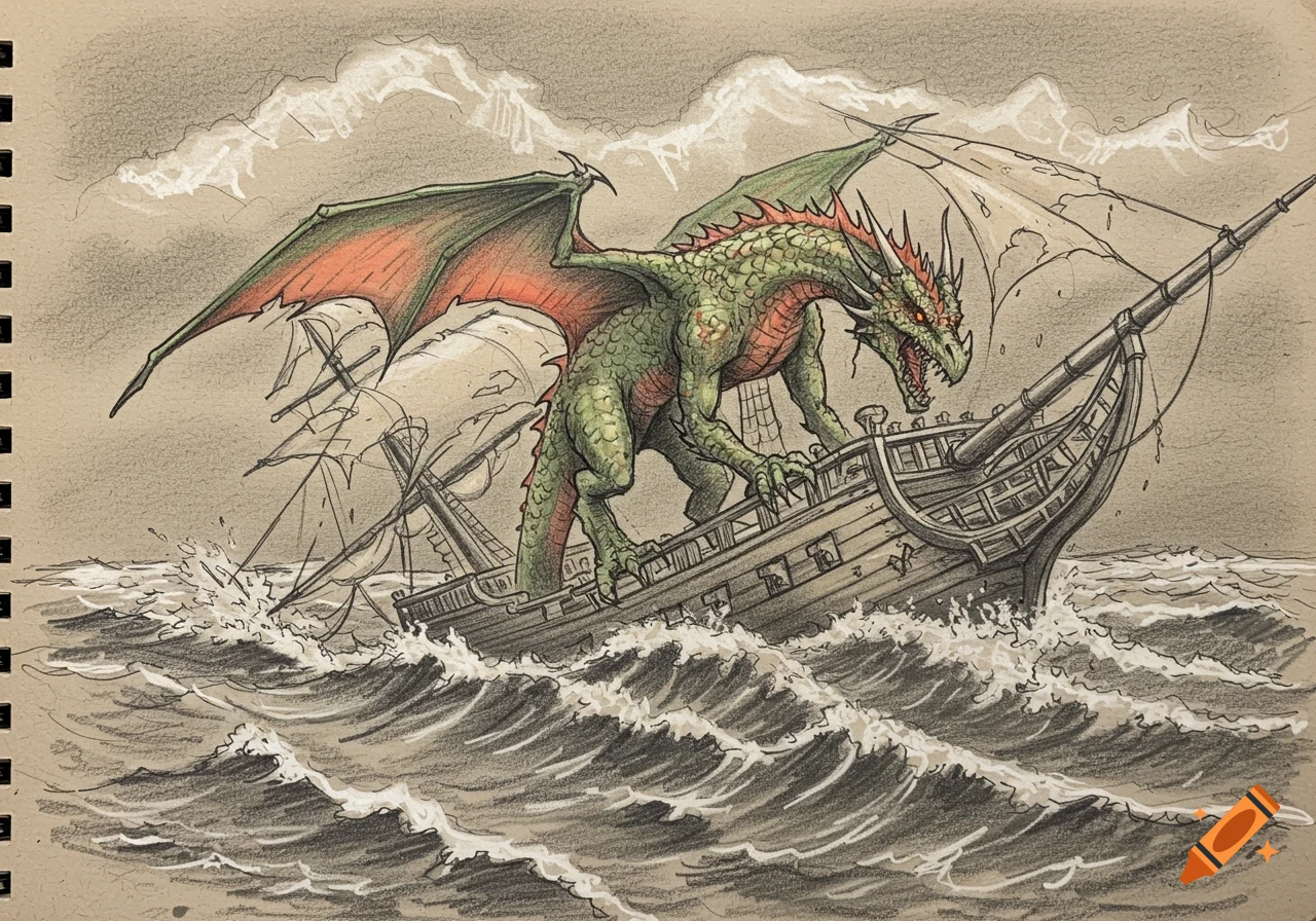 Sketch of a green dragon on a damaged pirate ship in a stormy sea
