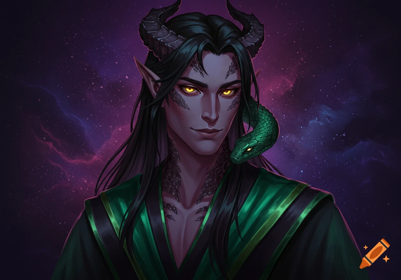A fantasy character with horns, scales, and glowing eyes, with a snake on his shoulder.