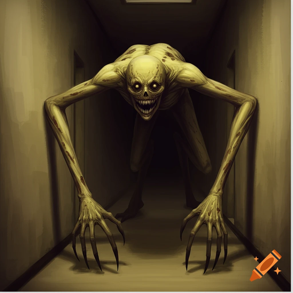 A creepy monster with long limbs and glowing eyes in a dark hallway.