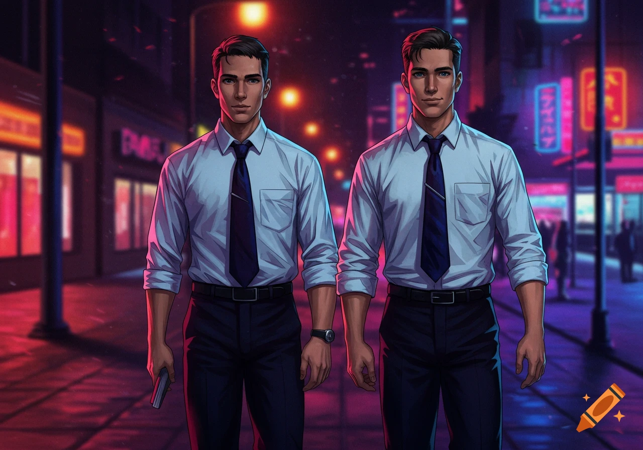 Two men in shirts and ties walk on a neon city street at night in anime style.