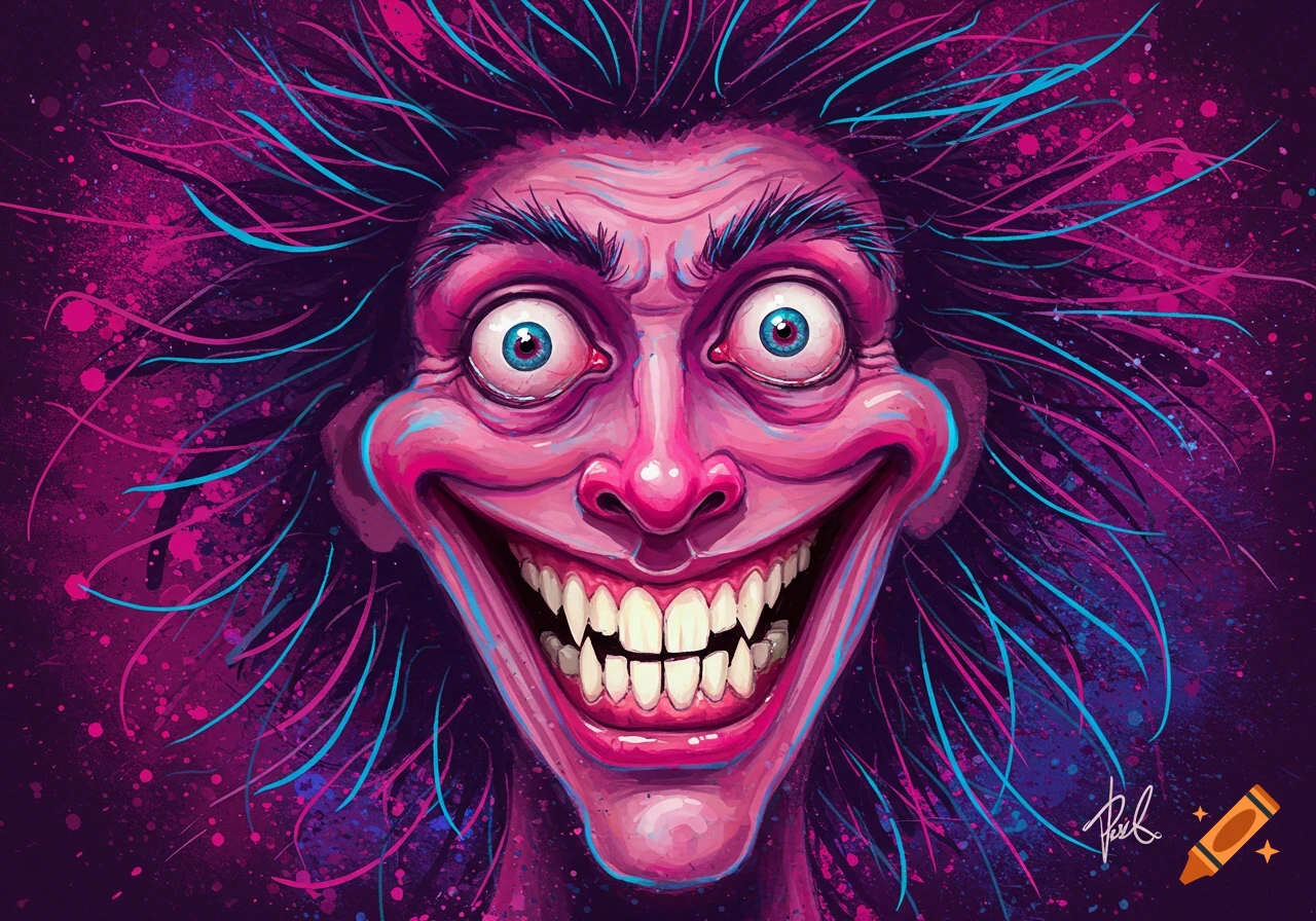 Digital illustration of a grotesque smiling face with wide eyes and wild pink and blue hair.