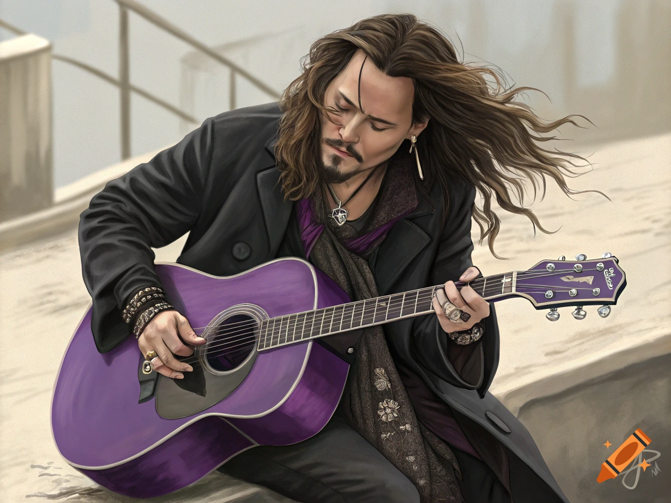 A man is playing a purple guitar.