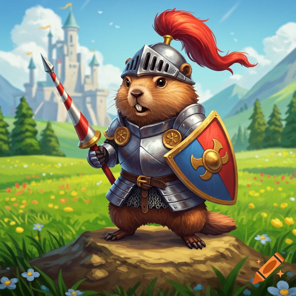 A groundhog knight holding a spear and shield in a field with a castle.