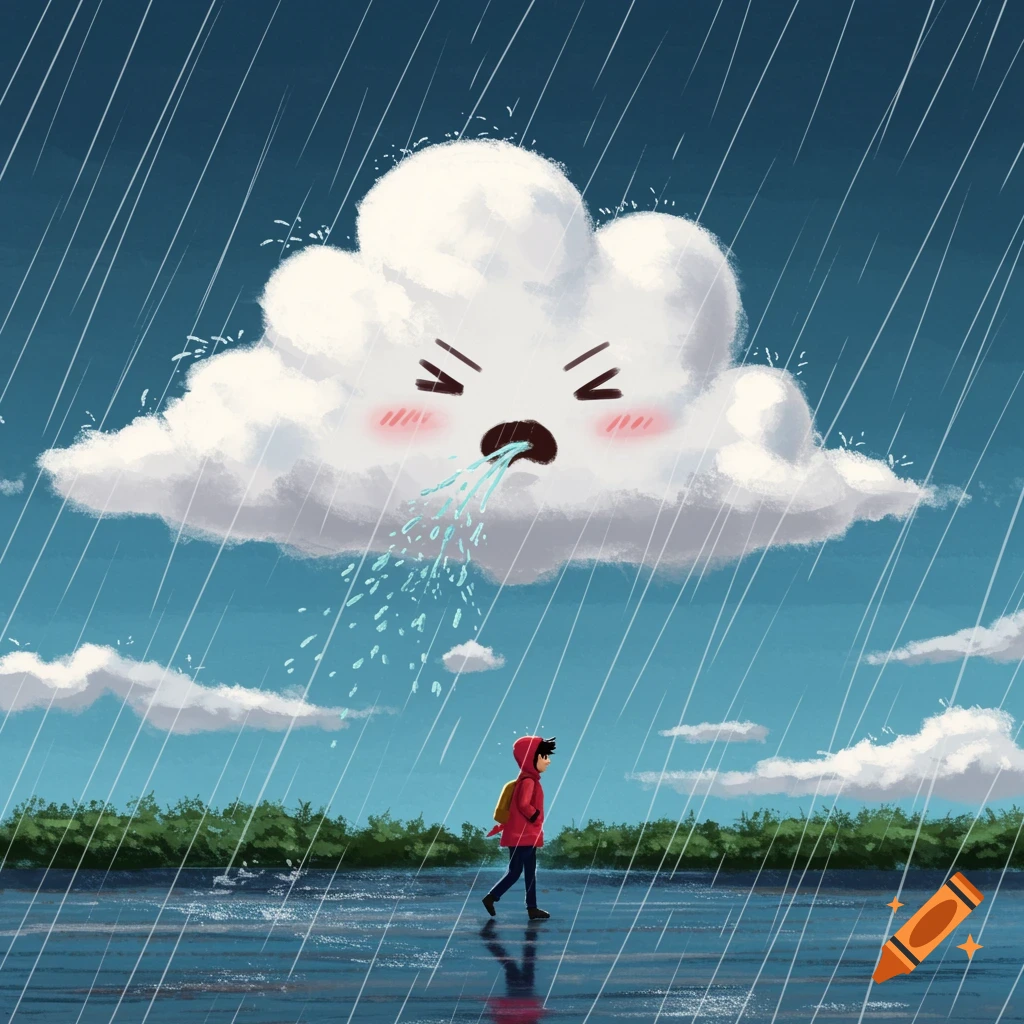 Illustration of a cartoon cloud character spitting rain on a person walking below