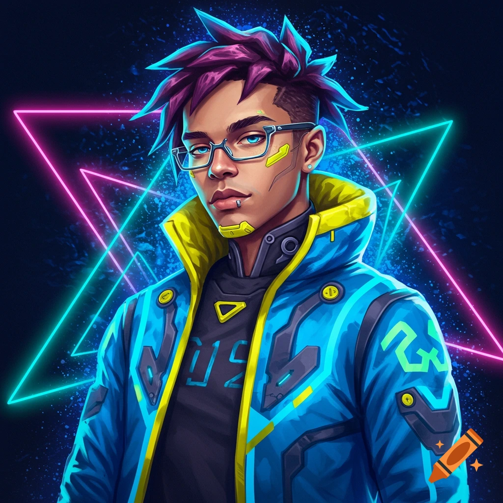 Painting of a person in a blue and yellow cyberpunk jacket, purple hair, and glasses, with neon triangles