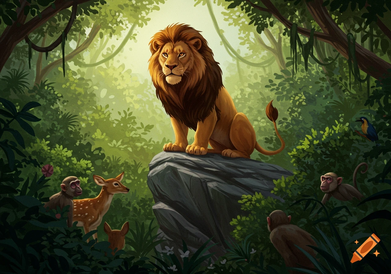 A lion sitting on a rock in a jungle clearing with other animals.