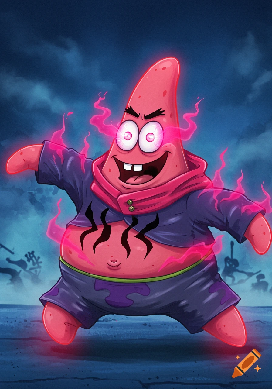 Patrick Star from Spongebob as a Jujutsu Kaisen character with glowing eyes and pink energy
