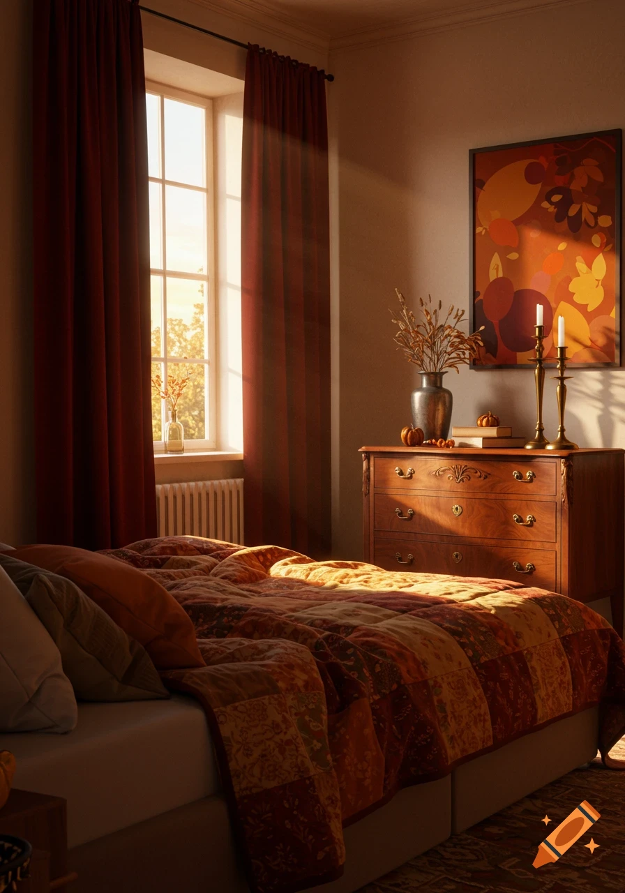 A cozy bedroom scene with autumn decor, a quilted bedspread, dresser with pumpkins and candles, and an abstract fall-themed painting.