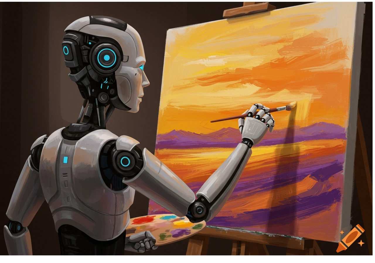 A robot holds a paintbrush and paints a vibrant landscape on an easel canvas.