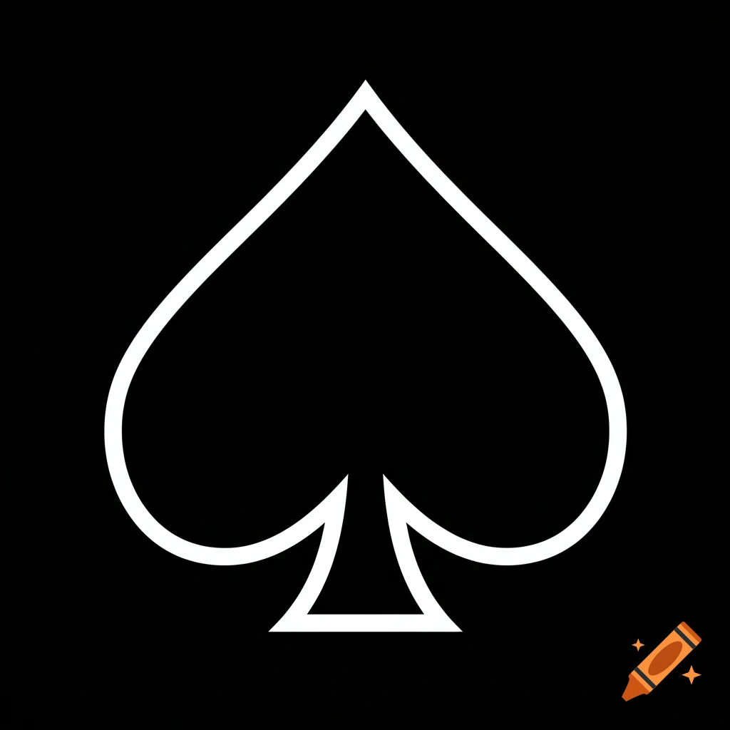 A white outline of a spade playing card symbol on a black background.