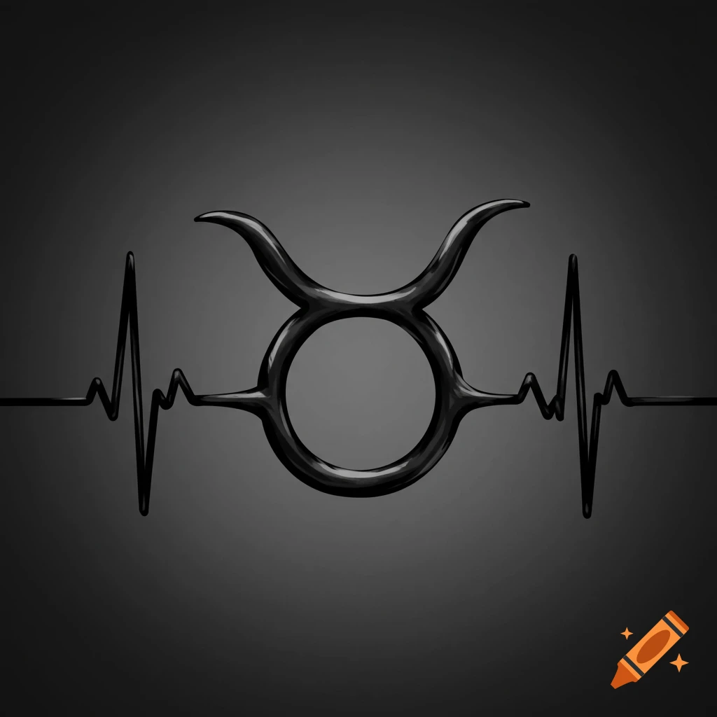 Black Taurus symbol integrated with a heartbeat line on a dark grey background, digital art.