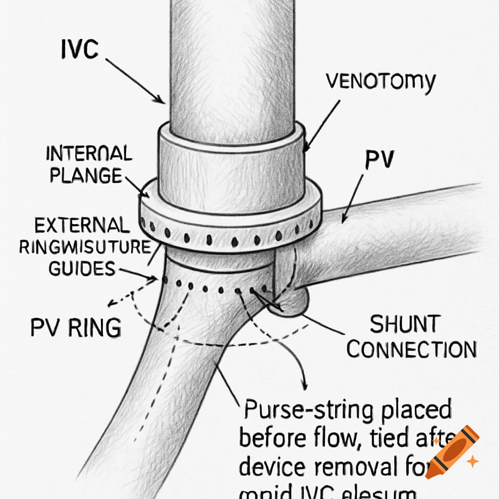 Sketch diagram of a medical device connecting IVC and PV with labels and purse-string suture.