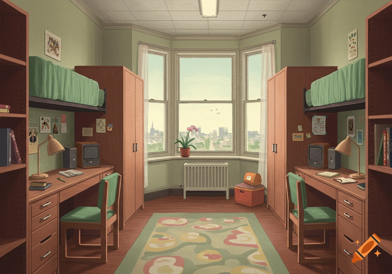 A symmetrical college dorm room with bunk beds, desks, closets, a bay window view, and a patterned rug.