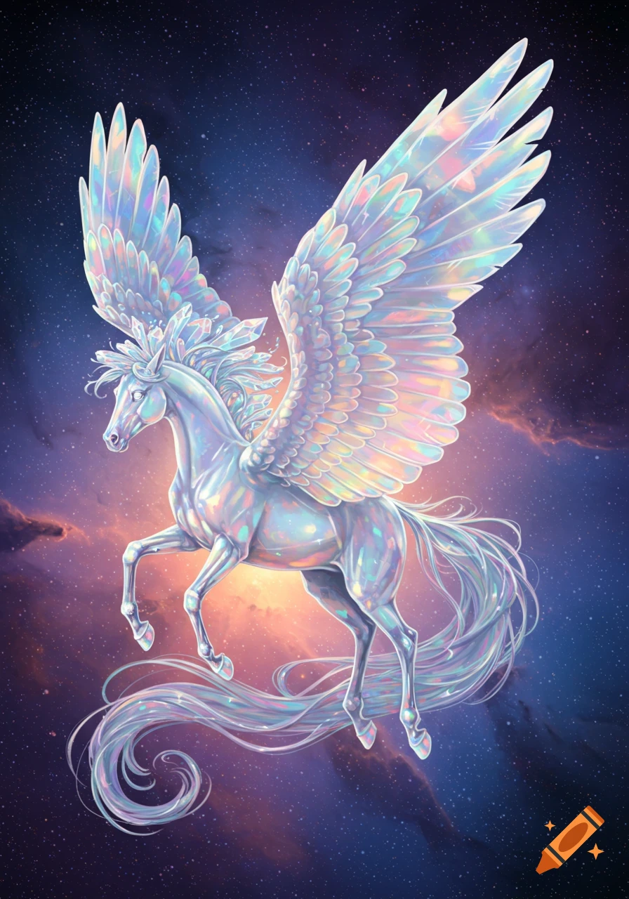 A crystal opal transparent Pegasus flies through a starry sky with colorful clouds.