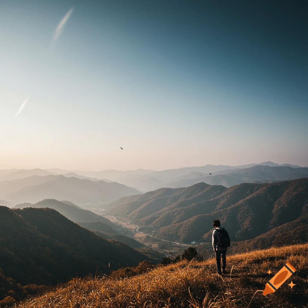 A person stands on a grassy hill looking over a valley and layered mountains under a warm sky.