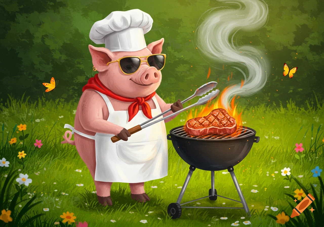 A cartoon pig chef wearing a chef's hat and apron barbecuing a steak on a grill in a grassy field.