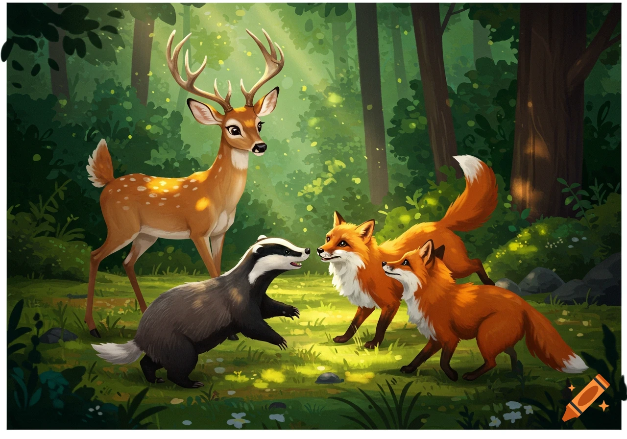 A deer, badger, and two foxes are in a sunlit forest.