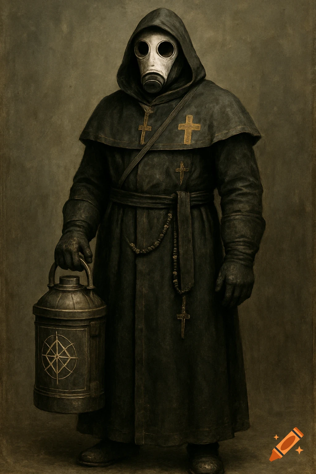 A figure in dark robes and gas mask holds a metal canister, surrounded by religious crosses.