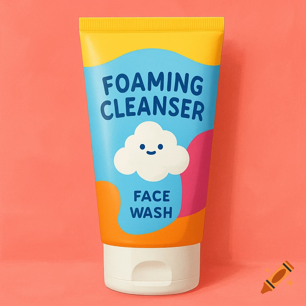 A bright, colorful tube of foaming cleanser face wash with a smiley cloud graphic on a coral background.