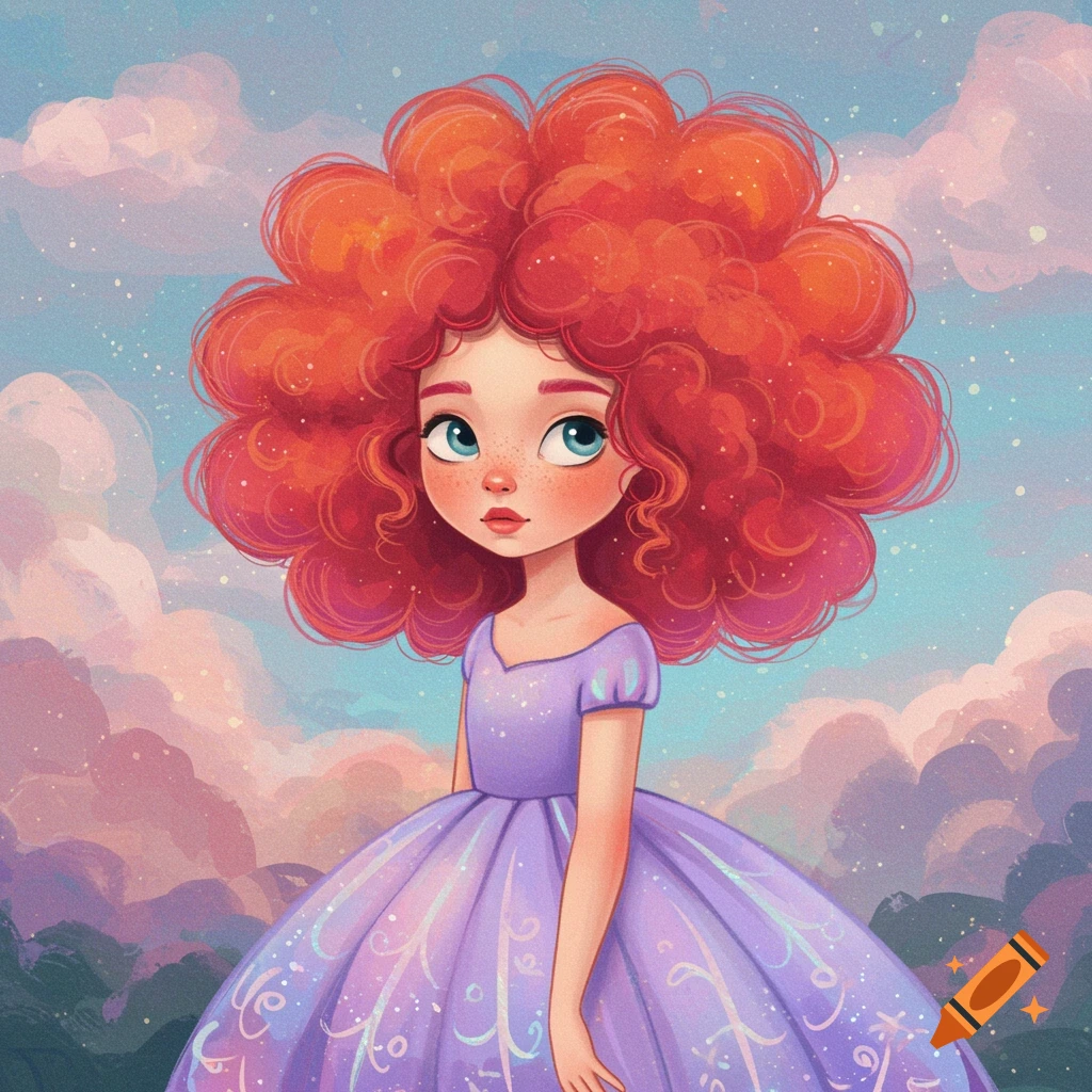 A whimsical scene of a young girl with large red hair in a purple dress, against a cloudy sky.